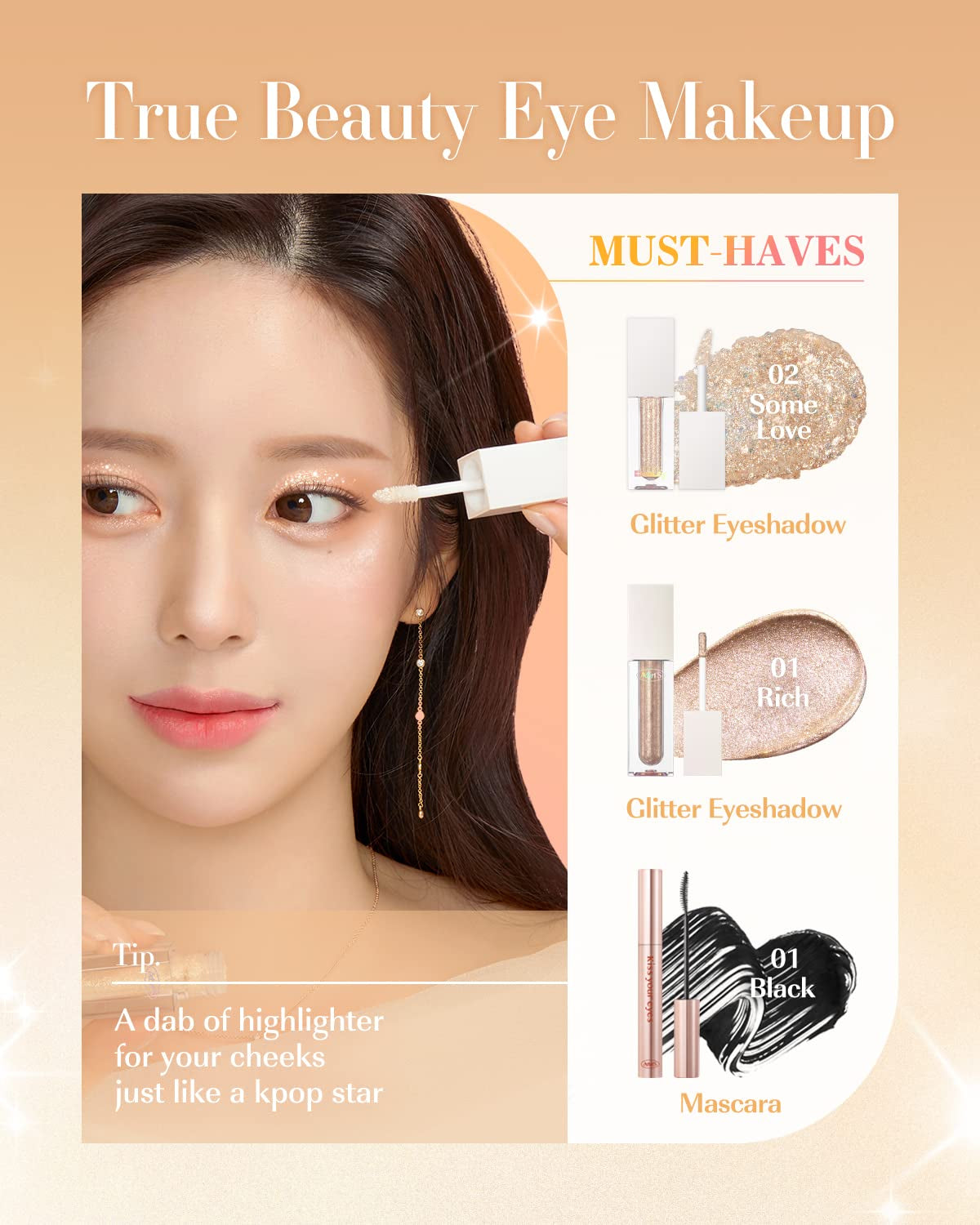 AMTS Webtoon True Beauty - 02 Some Sweet Glitter | Liquid Pink Gold Chunky Glitter Eyeshadow | Highlighter, K-Drama Korean Makeup, Highly Pigmented, Long Lasting Shimmer (Some Sweet)
