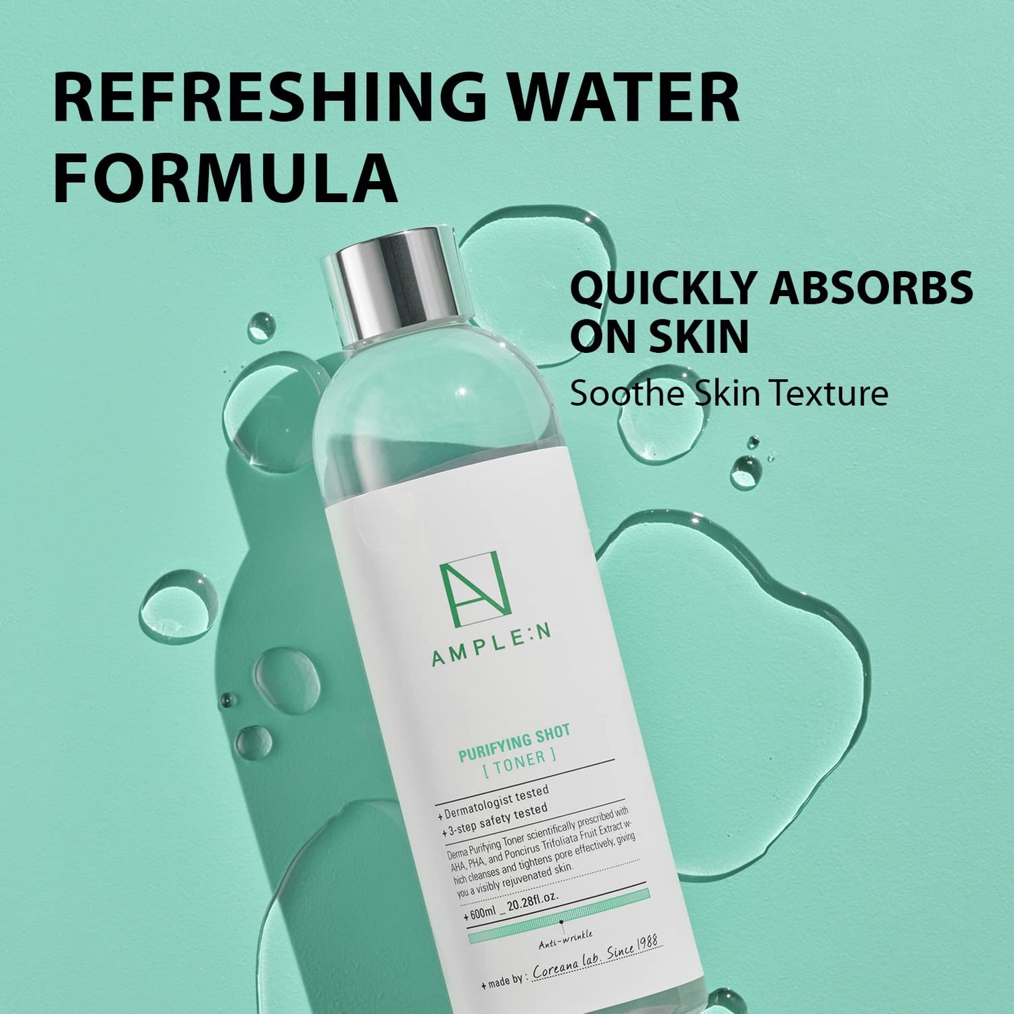 Ample:N Purifying Shot Toner - Korean AHA, PHA Pore Refining Face Toner for Oily and Acne Skin - Refreshing Pore Tightening Astringent – Removes Dead Skin Cells - 20.3 Fl.Oz.