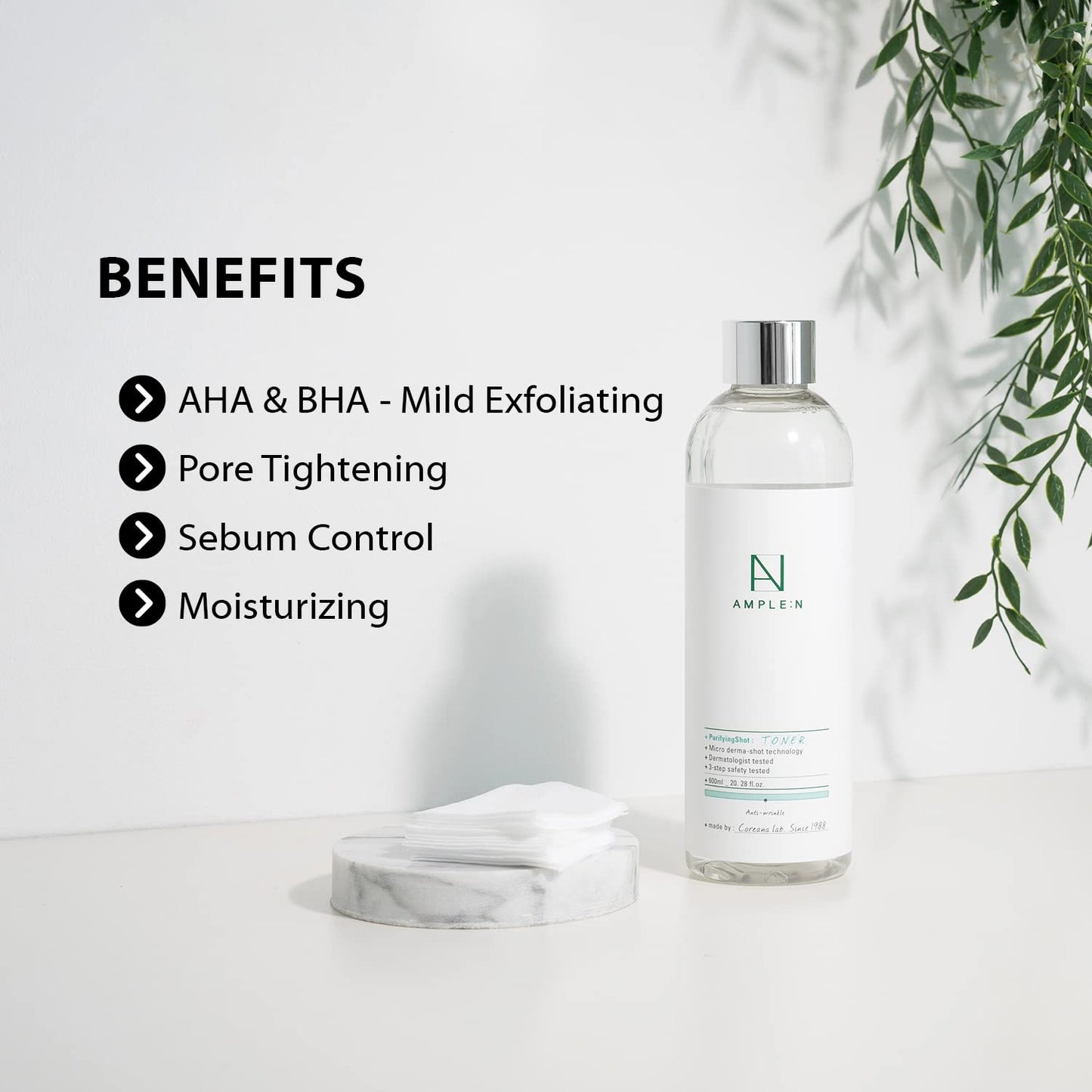 Ample:N Purifying Shot Toner - Korean AHA, PHA Pore Refining Face Toner for Oily and Acne Skin - Refreshing Pore Tightening Astringent – Removes Dead Skin Cells - 20.3 Fl.Oz.
