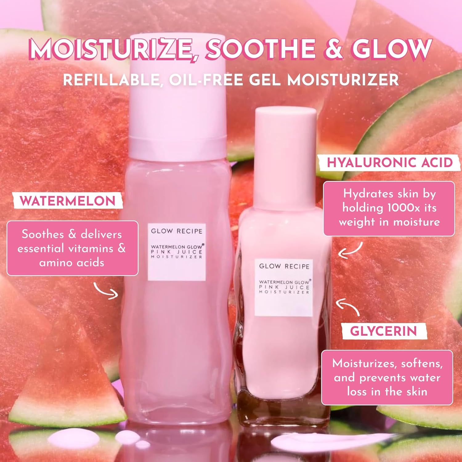 Glow Recipe Refill Pink Juice Water Gel Face Moisturizer for Women, Men & Teens - Hydrating Hyaluronic Acid, Radiance Boosting, Non-Comedogenic, Oil-Free, Lasting Korean Skin Care for Oily Skin, 60Ml