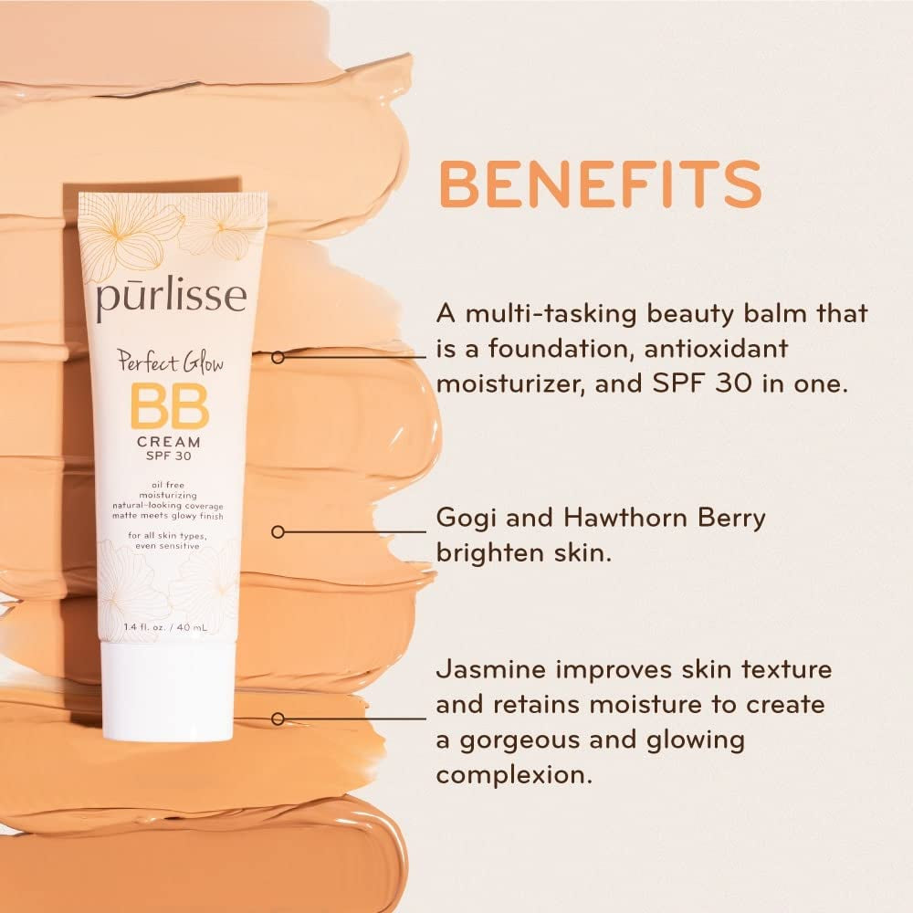Pūrlisse Perfect Glow BB Cream with SPF 30 - Matte Meets Dewy Finish - Enriched with Goji & Hawthorn Berry to Help Improve Skin Texture & Radiance - Medium (1.4 Oz)