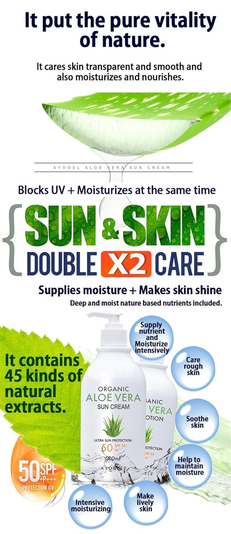 Ayodele Aloe Vera SPF50+ PA+++ Body and Face Sunscreen 16.9 Oz