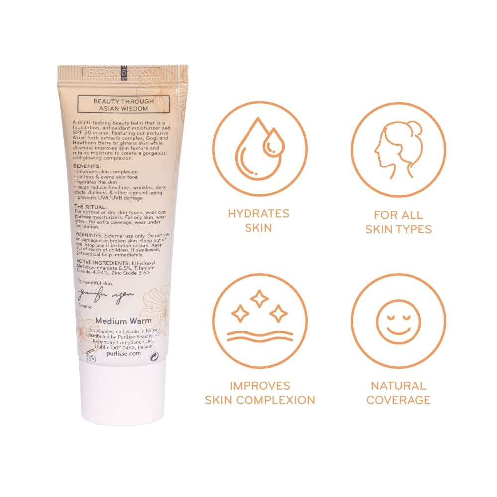 Pūrlisse Perfect Glow BB Cream with SPF 30 - Matte Meets Dewy Finish - Enriched with Goji & Hawthorn Berry to Help Improve Skin Texture & Radiance - Medium (1.4 Oz)